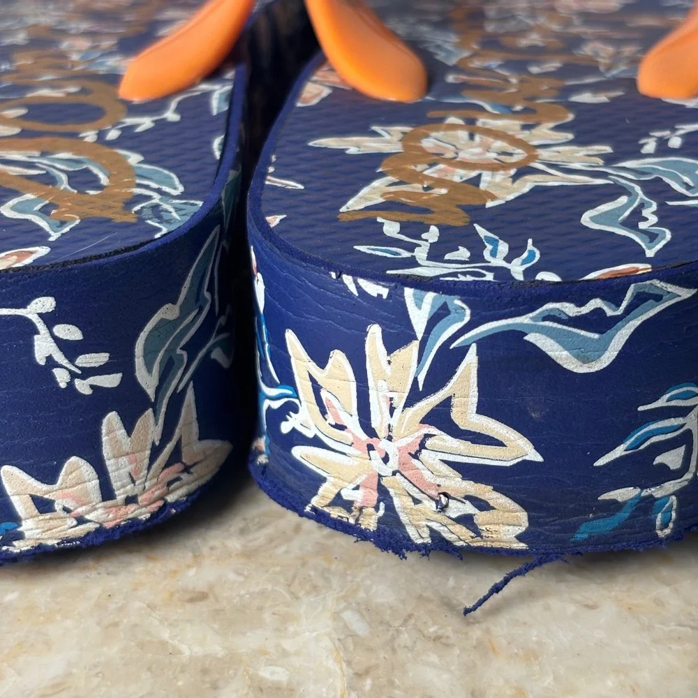 Sam Edelman Kylee Platform Flip Flops 7M Navy Orange Floral Wedge Sandals Y2K
